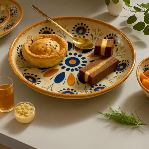 Image of Yelona Ceramic Dinner Set of 4 (2 Plates & 2 Bowls) for Snacks, Rotis, Pasta, Salads & Everyday Meals - Handcrafted Porcelain with Floral Design | Microwave & Dishwasher Safe Dinnerware (Abstract)