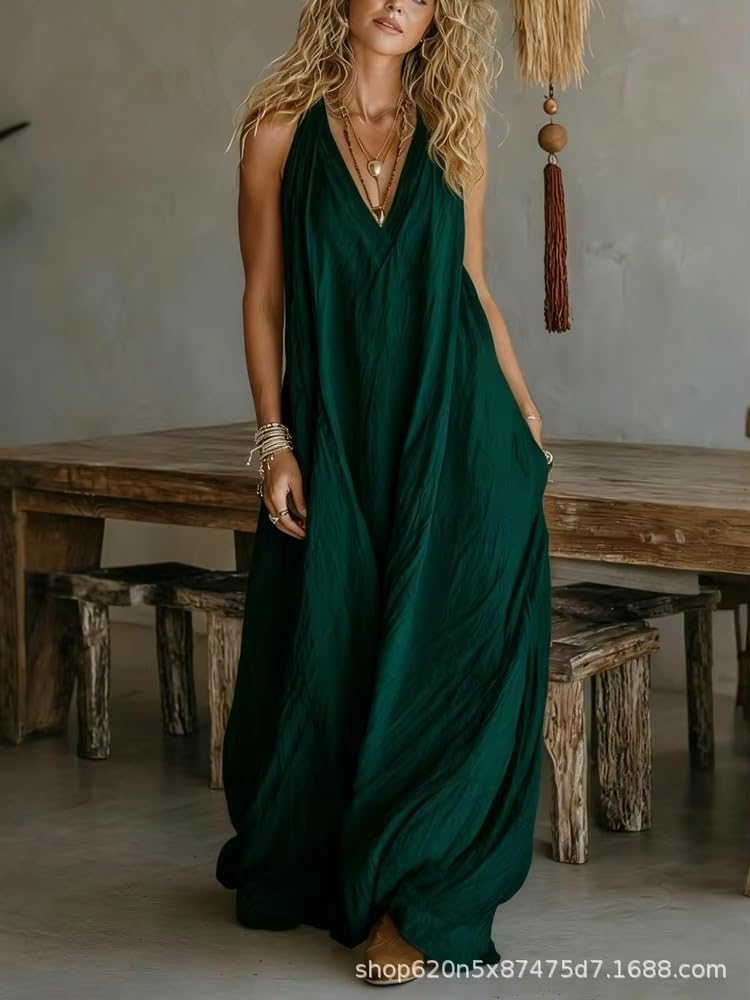 Abito lungo estivo da donna senza maniche con scollo a V