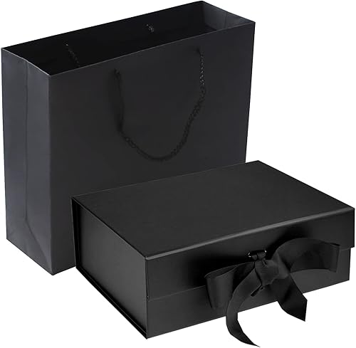 Caja de regalo magnética de lujo negra con tapa, cintas y bolsa de regalo, tamaño mediano, 9.4 x 7 x 3 pulgadas, ideal para Navidad, Año Nuevo,