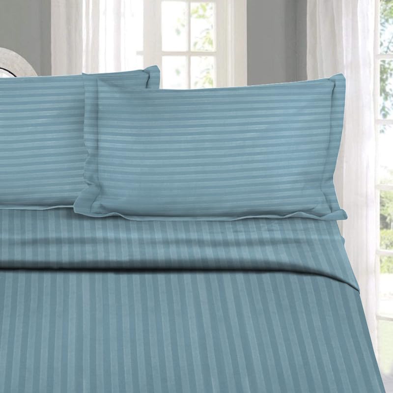 Image of Naksh Bedsheet for Double Bed King Size Stripes 210 TC with 2 Pillow Covers | 100% Pure Cotton Bedsheets | Breathable Fabric for Cool, Comfortable Sleep | King Size Bed Sheet Cotton | Jean Blue |
