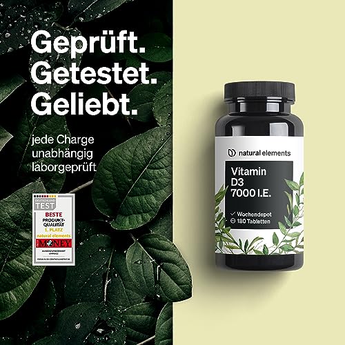 natural elements Vitamin D3 7000 I.E. – 180 Tabletten – das Sonnenvitamin als Wochendepot – hochdosiert, ohne unnötige Zusätze – in Deutschland produziert & laborgeprüft