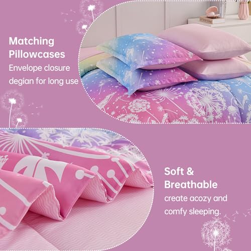 Image of Dinjoy Girls Comforter Set 5 Pieces, Twin Size Colorful Ombre Rainbow Bedding Set, Bed in A Bag for Kid Teen Girls (1 Comforter, 1 Flat Sheet, 1 Fitted Sheet, 1 Pillow Shams, 1 Pillowcases)