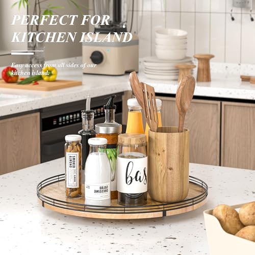 Image of 18 inch Lazy Susan Oak Wood Turntable Organizer for Cabinet, Farmhouse Round Wooden Large Lazy Susan Organization and Storage for Dining Table, Pantry, Kitchen, Countertop, Cupboard, Home Decor