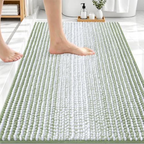 Image of OLANLY Bathroom Rugs 34x21, Soft Chenille Striped Bath Rugs, Sage Green