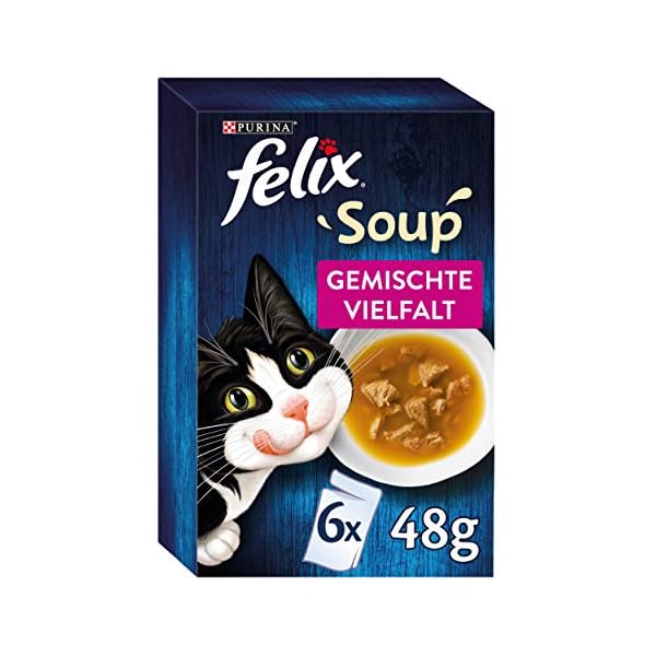 FELIX Soup, Suppe für Katzen mit zarten Stückchen, Sorten-Mix, 8er Pack (8 x 6 Beutel à 48g)