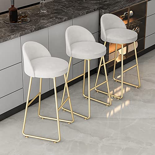 Juego de 3 taburetes de bar con altura de mostrador para cocina, comedor y sala de estar, asiento tapizado de terciopelo, patas de metal dorado, altura del asiento 65/75 cm, rosa/azul/blanco