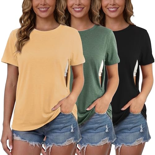 Image of Ecavus Women's 3-Pack Nursing Shirts for Breastfeeding with Hidden Zippers Loose Fit Maternity Tops
