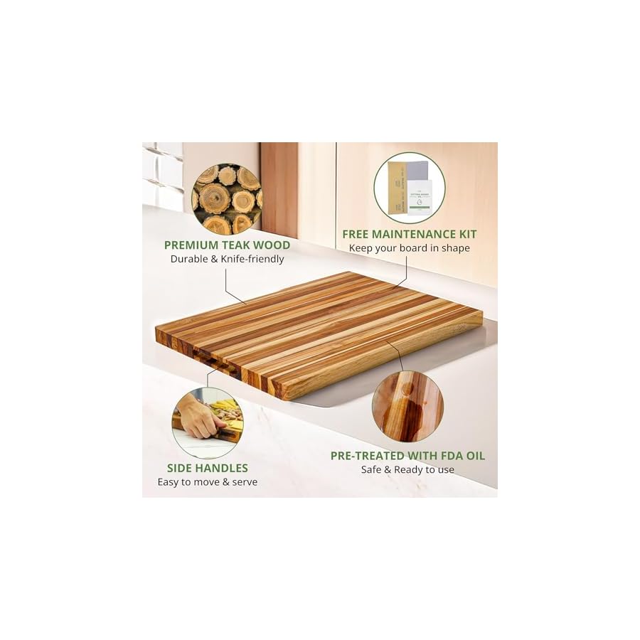 BEEFURNI-Teak-Wood-Cutting-Board-with-Hand-Grip-Wooden-Cutting-Board-for-Kitchen-Reversible-Butcher-Block-Charcuterie-Boards-Kitchen-Gifts-1-Year-Warranty-Free-Maintenance-Kit-L-22x16x125 BEEFURNI Teak Wood Cutting Board with Hand Grip (L, 22x16x1.25"), Large Wooden Cutting Boards for Kitchen, Reversible Butcher Block, Charcuterie Boards, Christmas Gifts, 1-Year Manufacturer Warranty