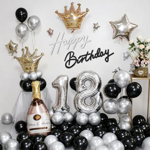 Image of TONIFUL Happy Birthday Sign for Backdrop - Glitter Black Silver Felt Banner - Includes Dot Glue - Perfect for Birthday Party Backdrop,Wall Decr,Balloon Arch,Photo Background