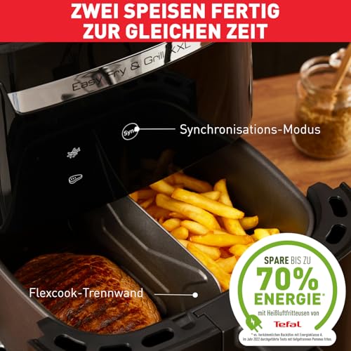 Foto von Tefal Easy Fry & Grill XXL Heißluftfritteuse 6,5 L – Airfryer mit Flexcook-Trennwand (XXL oder geteilt), 8 Programme, 80–220 °C, Druckguss-Grillplatte, fettarm frittieren, spülmaschinenfest EY8018
