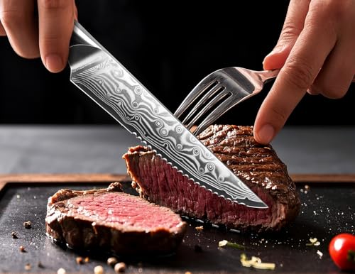 SHAN ZU Steak Knife Set of 7pcs, 11cm Damascus Steak Knife Set with Block, Japanese High Carbon Steel Kitchen Serrated Knives Set with Ergonomic G10 Handle and Gift Box - PRO Series - Image 8
