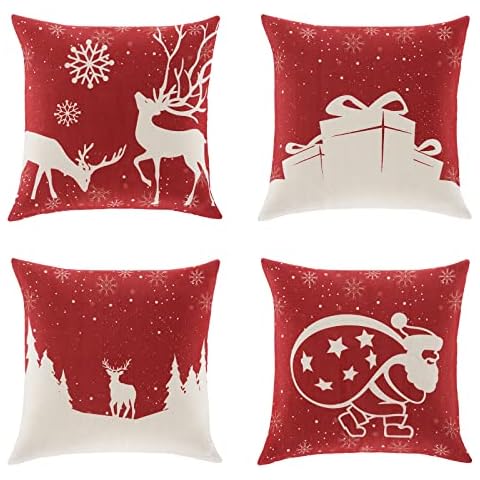 TOMEEK 4 Pieces Christmas Cushion Covers 18 x 18 inch Christmas Decorations Pillow Covers Snowman Santa Claus Snowflake Elk Sock Square Christmas Decoration Pillowcase for Home Bed Sofa, C Cover
