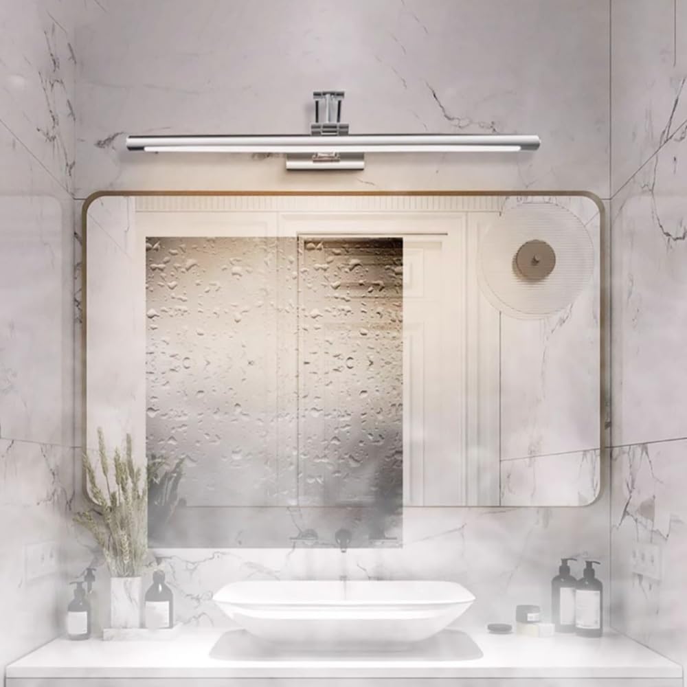 Lampada Specchio Argento Moderna, Applique Bagno Braccio Estensibile Acciaio Luce per Specchio Lineare per Trucco Rasatura Quadro(3 modes,50cm/19.68in)