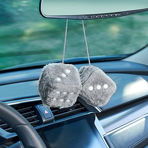 Image of 2.95'' Retro Fuzzy Plush Dice Car Charm Square Plush Dice Car Rear View Mirror Hanging Ornament Car Mirror Hanging Accessories, Gray