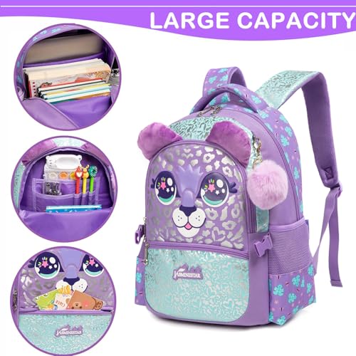Animal Print Backpack Set for Girls Cute School Bookbag for Elementary Students Ages 6-12 Lightweight Backpack with Lunch Box Pencil Case Back to School Suppliers (Purple)3