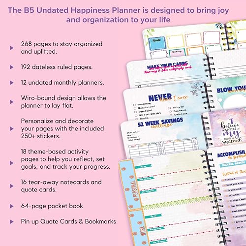 Image of Doodle I The Happiness Undated B5 Planner Kit I 250+ Stickers + Bookmarks + Pocket Planner with Premium Gift Box | Tear Away Note Cards & Quote Cards | Activity Pages | To do lists I 268 Pages I 80 GSM I Wiro Bound (Blushed Hues)