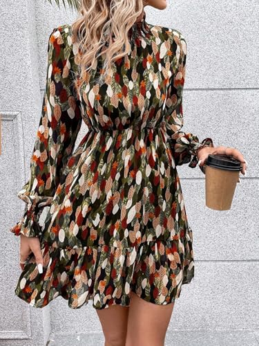 EFJONE Womens Long Sleeve Trendy Allover Print Flounce Sleeve Ruffle Hem Pleated Collar Shirred Dress Short Dresses2