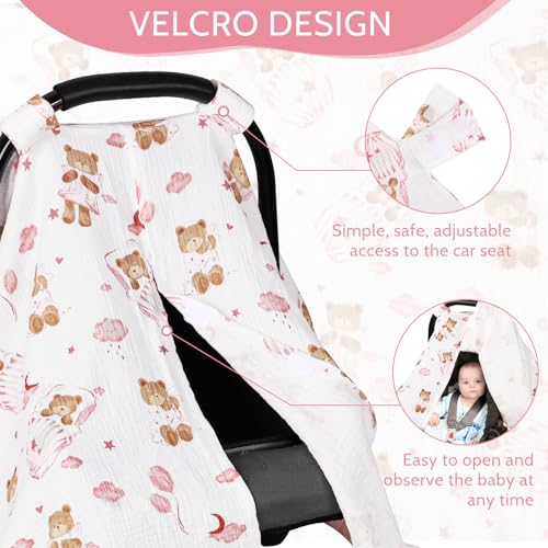Image of Car Seat Cover Baby Girls Boys, Summer Cotton Baby Car Seat Cover for Carseat, Comfortable Muslin Nursing Cover, Soft Baby Blanket, Breathable Lightweight Infant Stroller Canopy, Pink Bear