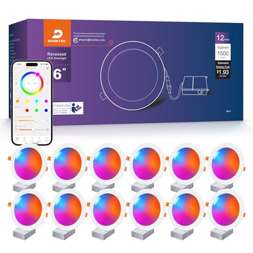 DUSKTEC Smart Recessed Lighting 6 Inch, RGBCW LED Recessed Ceiling Light Work with Alexa, Dimmable 16W 1500LM Canless Downlight with Junction Box for Living Room, 12 Pack