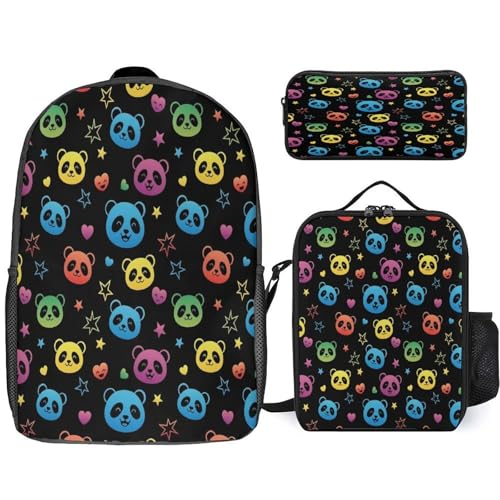 Multifunction 3 Pcs Set for Men Women, Soft Colorful Panda Pencil Pouch, Lunch Bag Easy to Storage, Backpack for Travel