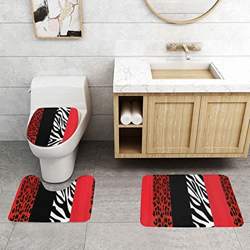 DEPILA Badezimmer 3-teiliges Badezimmerteppich-Set Roter Leopard und Zebra-Tierdruck 3-teiliges Badezimmerteppich-Set Badematte + Kontur + Toilettendeckelbezug Badezimmer-Antirutsch-Pad Sets – Bild 4