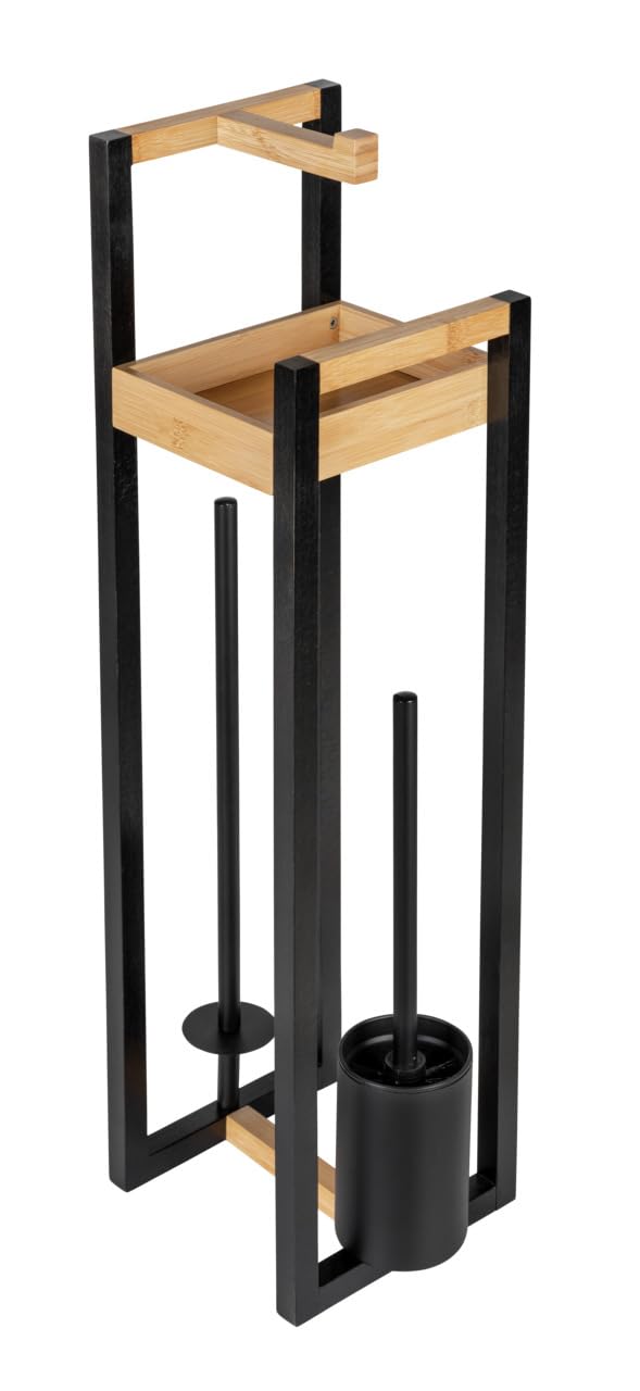WENKO Stand WC-Garnitur Mod. Braidi 4in1 FSC Zertifiziert aus Bambus mit Toilettenbürste Rollenhalter und Ablage Maße 26 x 75,5 x 20 cm Farbe Natur Schwarz