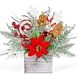 Christmas Table Centerpieces Artificial Floral Arrangements Wooden Box, Potted Plant with Poinsettia Red Berries Pine Needle Cedar for Christmas Winter Tiered Tray Shelf Table Home Farmhouse Decor