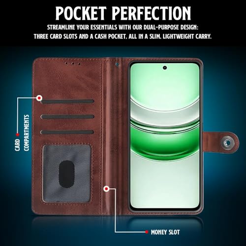 Image of WOW IMAGINE Shock Proof Flip Cover Back Case for Realme C75 | Realme C73 | Narzo 80 lite 5G | P3 Lite 5G (Magnetic Button Flip Case | Wallet Pockets & Stand | Leather Finish | (Coffee)