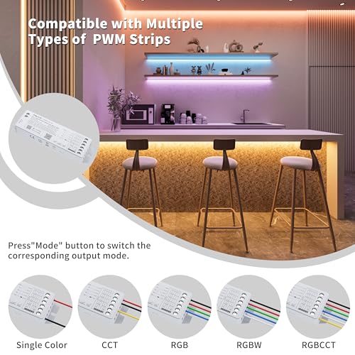 PAUTIX WiFi LED Controller for Single Color/CCT/RGB/RGBW/RGBCCT LED Strip Lights Compatible with Tuya APP/Smart Life/Alexa/Google Home/Siri,5IN1 DC12-48V Dimmable Controller Work with Matter