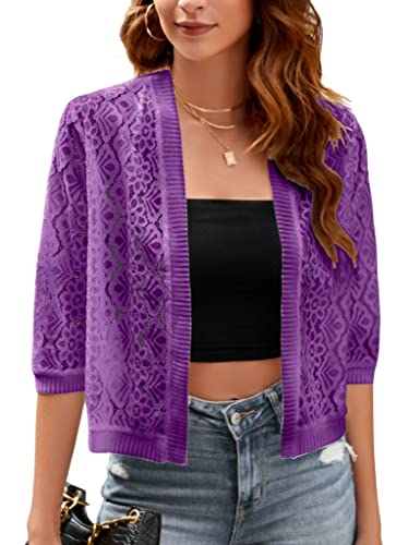 Image of FindThy Women's Casual Summer Lace Cardigan Open Front 3 /4 Sleeve Solid Lace Shrug Cover Up