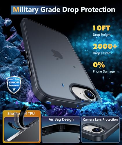 Capa protetora fina para iPhone 16E, fosca translúcida, fosca, à prova de choque, fina, à prova de quedas de grau militar, antiimpressões digitais, capa para celular (6,1 polegadas/preto)