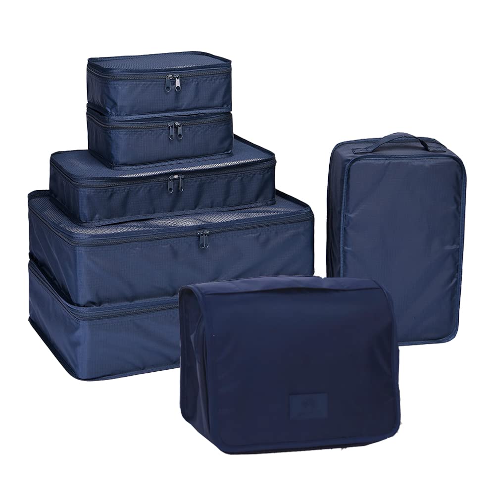 Travel Packing Cubes 7 Set, JJ POWER Luggage Organizers with toiletry kit shoe bag (Navy)