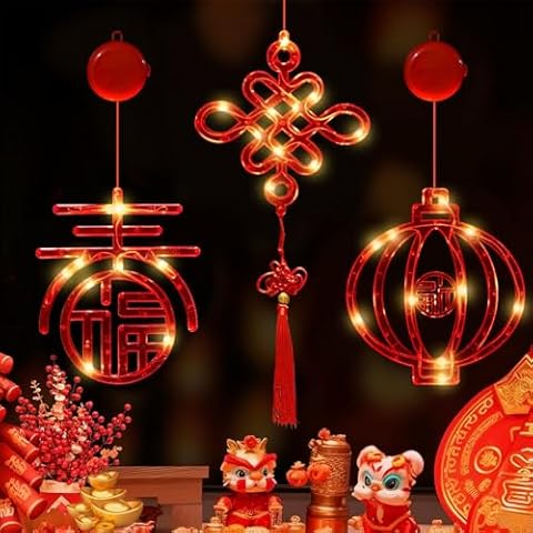 YumSur 3 Pack Chinese New Year Decorations 2025, LED Lunar New Year Chinese Window Lights，Spring Festival Window Lights with Suction Cup & Hooks for Lunar New Year Decoration Cover