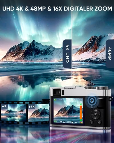 Digitalkamera, Nsoela 4K 48MP Autofokus Fotokamera mit 32GB Karte Optischer Sucher, 2.8 Zoll Fotoapparat Kompaktkamera mit drehbarem Armaturenbrett und Sucher für Anfänger Teenager(schwarz) – Bild 3