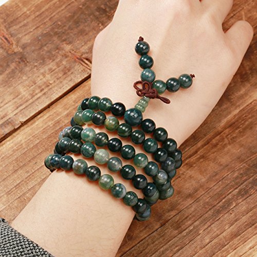 Jovivi 108 Mala Beads Bracelet 6mm 8mm Natural Indian Agate/Green Moss Agate Gemstone Healing Crystal Stone Beaded Bracelet Hand Knotted Prayer Mala Beads Necklace for Yoga Meditation Balance2