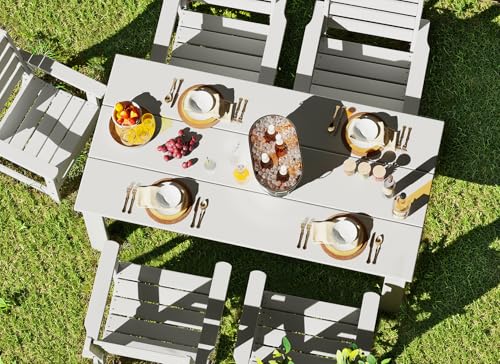 Image of GREENVINES Outdoor Dining Table | 67'' | HDPE | Rectangle Tables for 6 | All-Weather | Umbrella Hole | Patio Furniture | for Poolside Backyard Garden | White