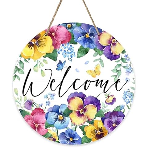 Bolisom Welcome Spring Summer Floral Flowers Front Door Sign, Pansy Forget Me Not Wood Door Hanger Outdoor Outside Porch Decor, Butterfly Seasonal Wooden Wreath Indoor Wall Hanging Decoration Cover