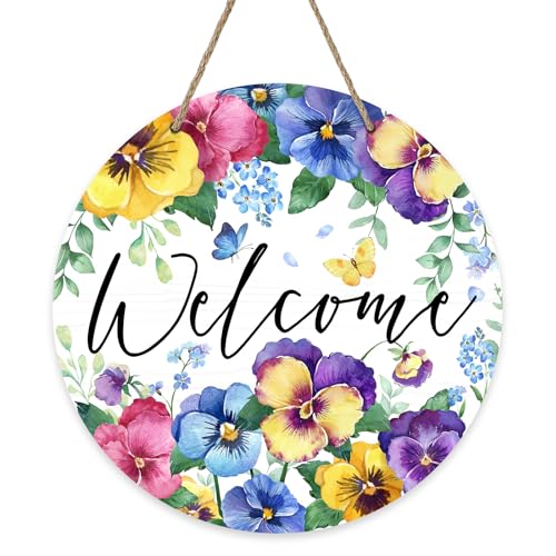 Welcome Spring Summer Floral Flowers Front Door Sign Pansy Forget Me Not Wood Door Hanger Outdoor Outside Porch Decor Butterfly Seasonal Wooden Wreath Indoor Wall Hanging Decoration
