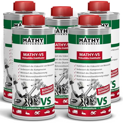 MATHY-VS Viskositäts-Stabilisator für Motoröle (5 x 250 ml) - Motoröl-Additiv - Minimiert Ölverbrennung - Stabilisiert Öldruck - Öl-Zusatz