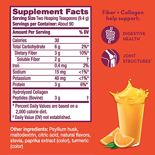 Metamucil Daily Fiber + Collagen, Psyllium Husk Powder, Plant Based Fiber, Sugar-Free With Stevia, 3-In-1 Fiber For Digestive Health, Orange Flavored, 90 Doses (29.8 Oz Fiber Powder) #TOP2