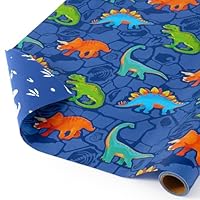 WERNNSAI Dinosaur Wrapping Paper - 1 Roll Mini Dinosaur Wrapping Paper Navy Blue Boys Birthday Wrap Paper for Kids Birthday Present Packing Decoration Reversible Design Dino Wrap Paper 43 cm X 3 m