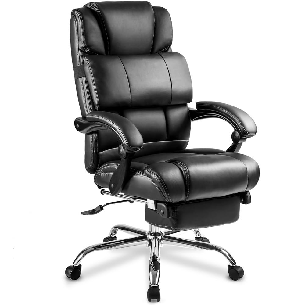 HTTGDGDH Prem Ergonomic Black Leather Executive Office Chair - Adjustable Footrest Double Padded Ion & Reclining Back - Perfect For Business Professionals & Home Office Comfort,