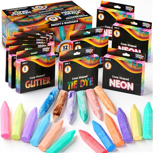 JOYIN Lot de 72 craies de trottoir lavables en 12 paquets, 18 couleurs, dont 12 tie-dye, 12 paillettes et 12 couleurs fluo, fournitures scolaires, salle de...