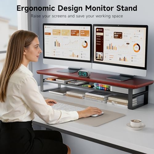 Image of Dual Monitor Stand, 35.4 Inch Monitor Stand Riser for 2 Monitors, 2 Tiers Wood Desk Shelf with Storage, Desktop Organizer Stand for Computer, Laptop, Printer, TV