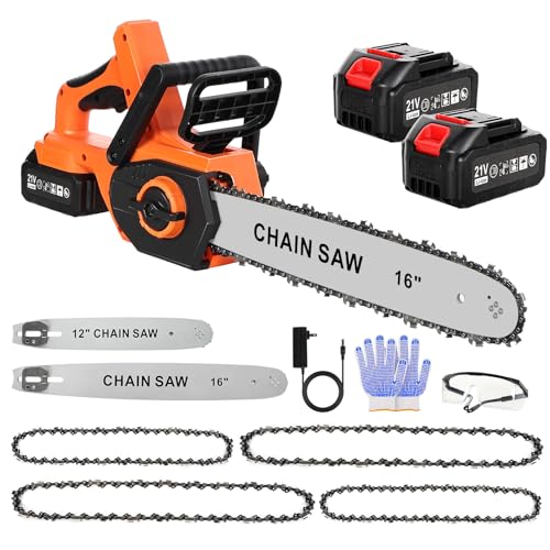 Brushless Electric Chainsaw,16&12 Inch Cordless 20V Battery Powered ChainSaw, Hand Held Compact Chain Saw with Auto Oiler & Security Lock,2 x 4.0Ah Battery, Ideal for Tree Cutting and Branch Pruning