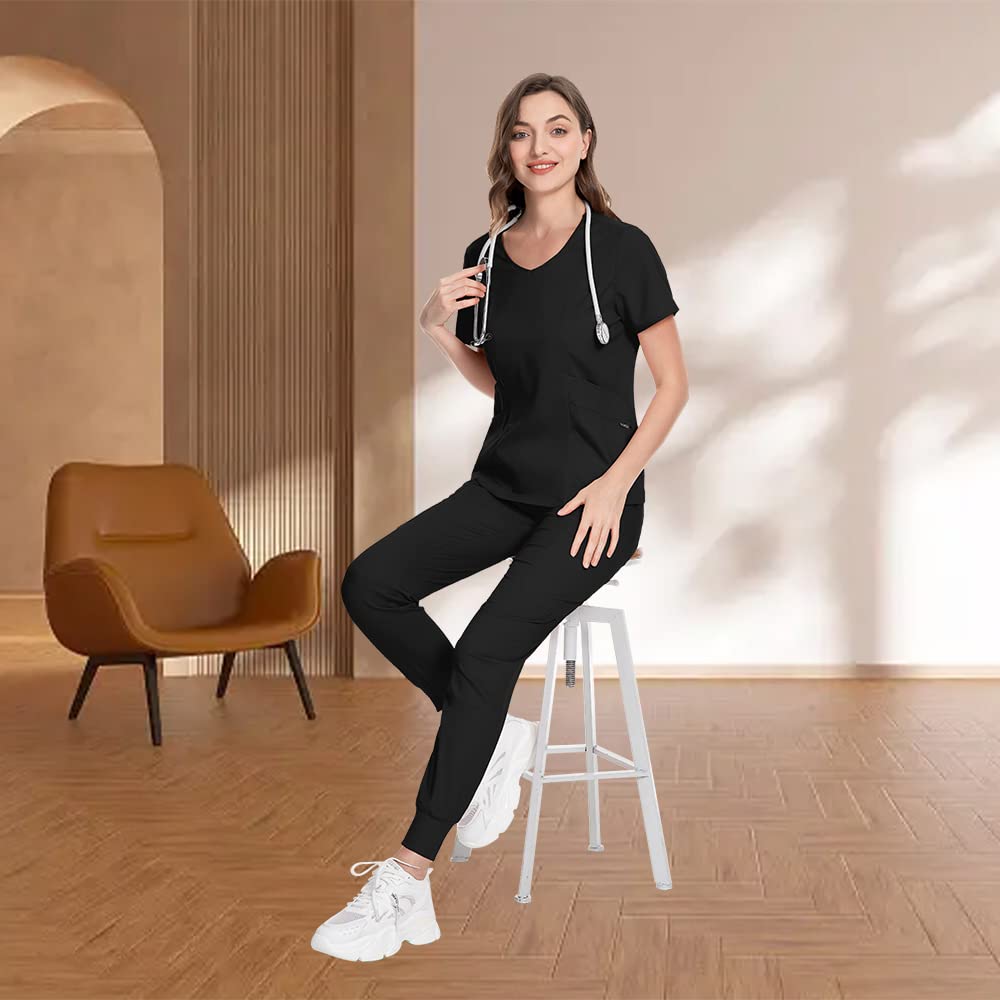 niaahinn Scrubs for Women Set Solid Colors Nursing Uniforms Classic V-Neck Scrub Top & Jogger Scrub Pants (Black,M)