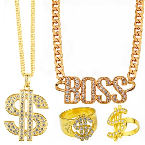 KingYH 4 Pièces Kit de Costume Hip Hop Années 80/90 Accessoires de Déguisement Hip Hop avec BOSS Gold Necklaces Chaîne de Signe Dollar Bague Dollar pour...