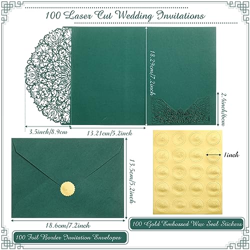 PerKoop 100 Set 5 x 7 Laser Cut Wedding Invitation with Envelopes and Wax Seal Stickers Blank Pocket Invitation Cards Kit for Wedding Bridal Shower Engagement Invite(Dark Green)
