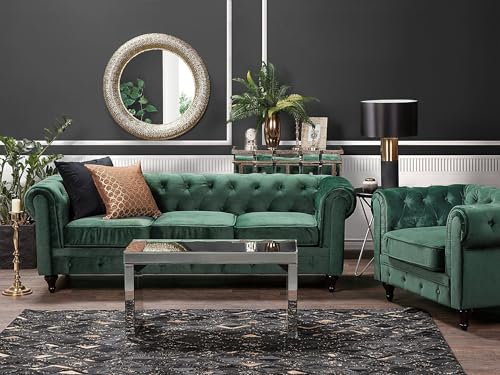 Beliani Klassisches Chesterfield Sofa Samtstoff Polstersofa 3-Sizter grün Chesterfield – Bild 3