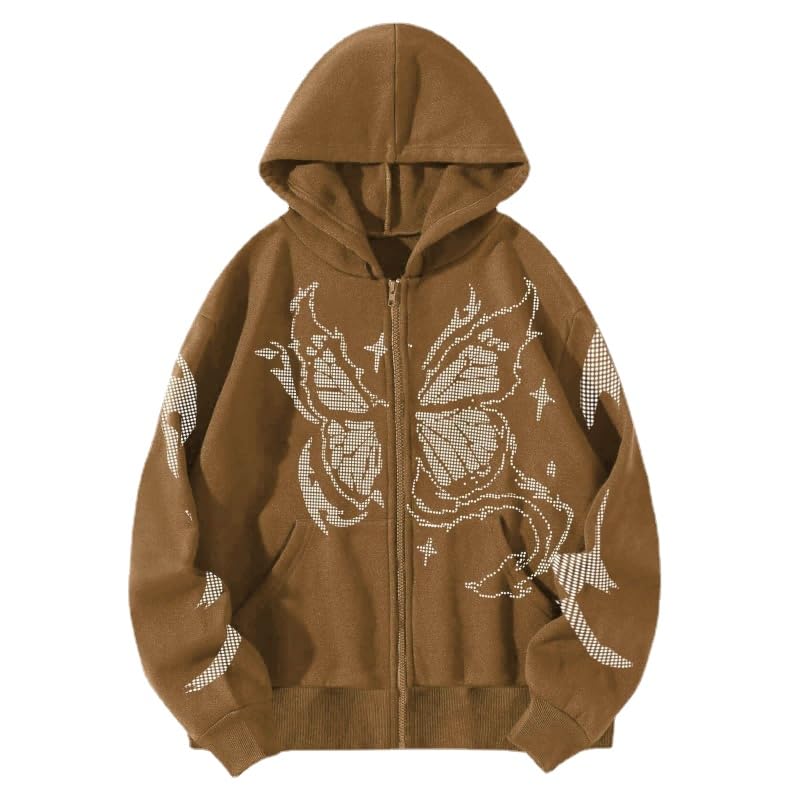 Y2k Butterfly Zip Up Print Hoodies for Men Fairy Grunge Oversized Coats Acubi Fashion Long Sleeve Hooded Jacket